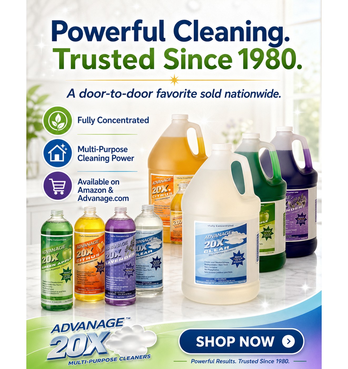 Advanage 20X multi-purpose cleaner bottles in Green Apple, Citrus, Lavender, and Clear scents